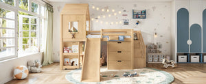 English Elm Full Playhouse Loft Bed Pine Frame with Pull Out Desk Stair Shelves and Drawers Natural W1580S00681