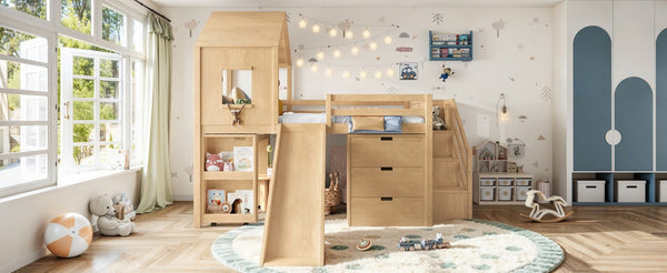 English Elm Full Playhouse Loft Bed Pine Frame with Pull Out Desk Stair Shelves and Drawers Natural W1580S00681