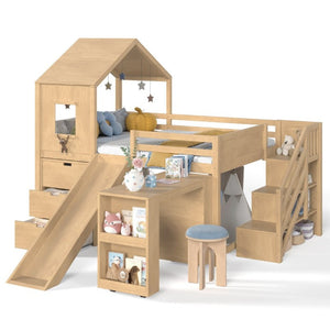 English Elm Full Playhouse Loft Bed Pine Frame with Pull Out Desk Stair Shelves and Drawers Natural W1580S00681