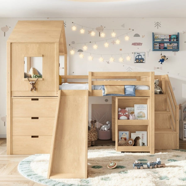 English Elm Full Playhouse Loft Bed Pine Frame with Pull Out Desk Stair Shelves and Drawers Natural W1580S00681