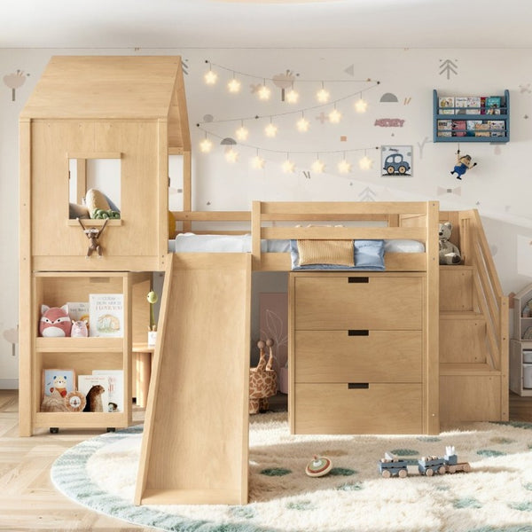 English Elm Full Playhouse Loft Bed Pine Frame with Pull Out Desk Stair Shelves and Drawers Natural W1580S00681