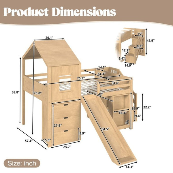 English Elm Full Playhouse Loft Bed Pine Frame with Pull Out Desk Stair Shelves and Drawers Natural W1580S00681