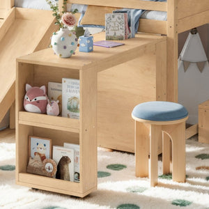 English Elm Full Playhouse Loft Bed Pine Frame with Pull Out Desk Stair Shelves and Drawers Natural W1580S00681