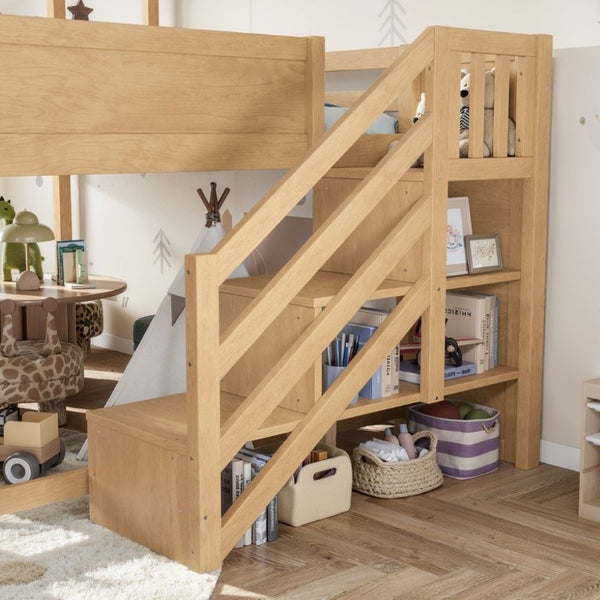 English Elm Full Playhouse Loft Bed Pine Frame with Pull Out Desk Stair Shelves and Drawers Natural W1580S00681