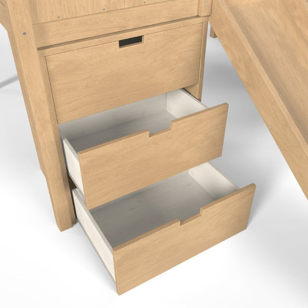 English Elm Full Playhouse Loft Bed Pine Frame with Pull Out Desk Stair Shelves and Drawers Natural W1580S00681