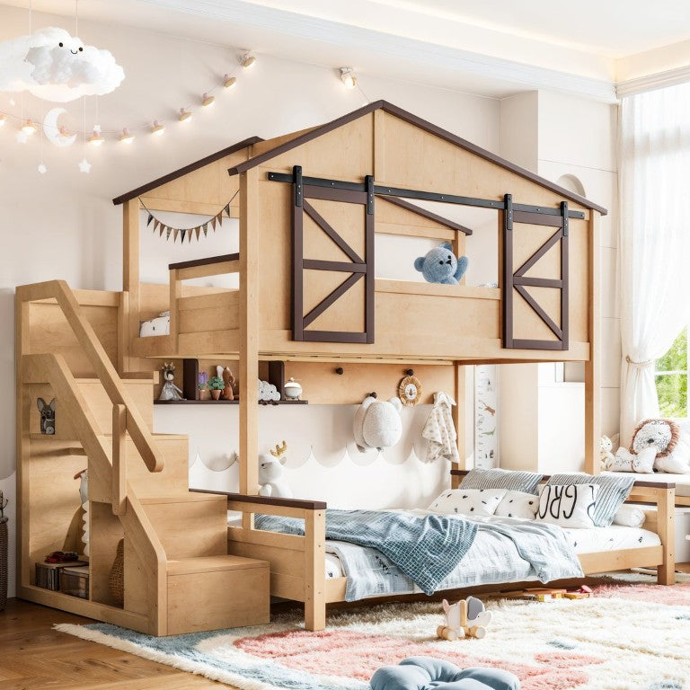 English Elm Twin Over Full Playhouse Bunk Bed Pine Frame Barn Sliding Doors Storage Stairs Natural 96 L x 54.33 W x 64.4 H W1580S00682
