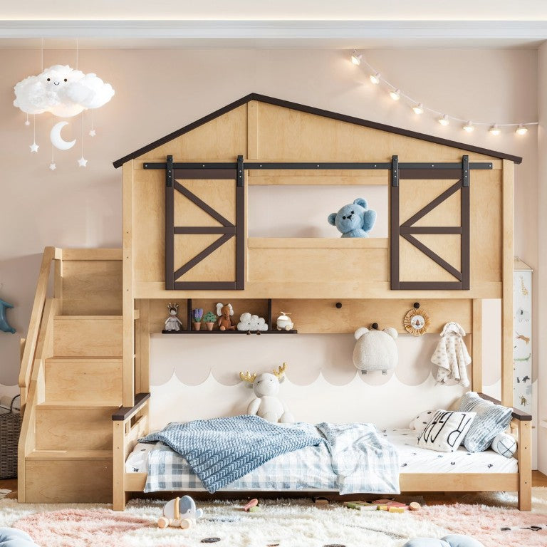 English Elm Twin Over Full Playhouse Bunk Bed Pine Frame Barn Sliding Doors Storage Stairs Natural 96 L x 54.33 W x 64.4 H W1580S00682