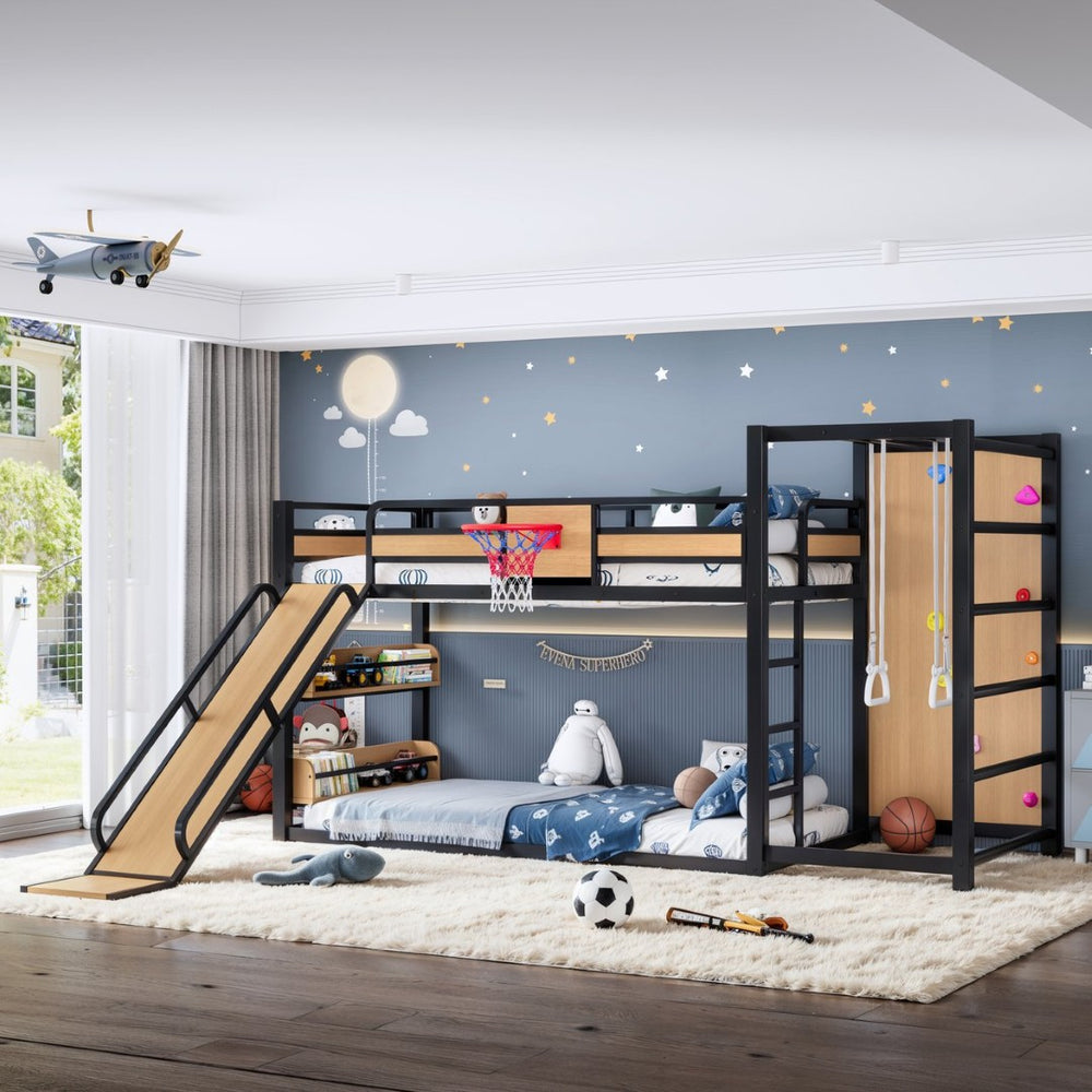 English Elm Twin Xl Metal Loft Bed Kids Activity Center with Slide Climbing Wall Basketball Hoop W1580S00683