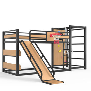 English Elm Twin Xl Metal Loft Bed Kids Activity Center with Slide Climbing Wall Basketball Hoop W1580S00683