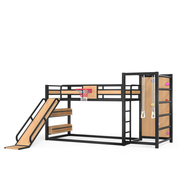 English Elm Twin Xl Metal Loft Bed Kids Activity Center with Slide Climbing Wall Basketball Hoop W1580S00683