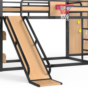 English Elm Twin Xl Metal Loft Bed Kids Activity Center with Slide Climbing Wall Basketball Hoop W1580S00683