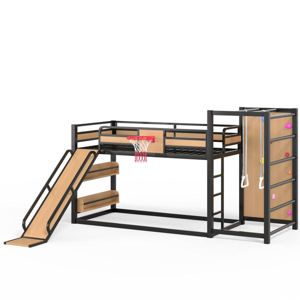 English Elm Twin Xl Metal Loft Bed Kids Activity Center with Slide Climbing Wall Basketball Hoop W1580S00683