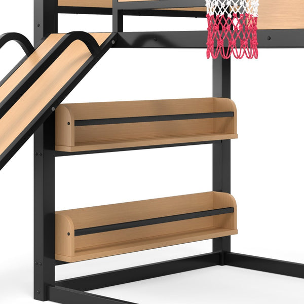 English Elm Twin Xl Metal Loft Bed Kids Activity Center with Slide Climbing Wall Basketball Hoop W1580S00683