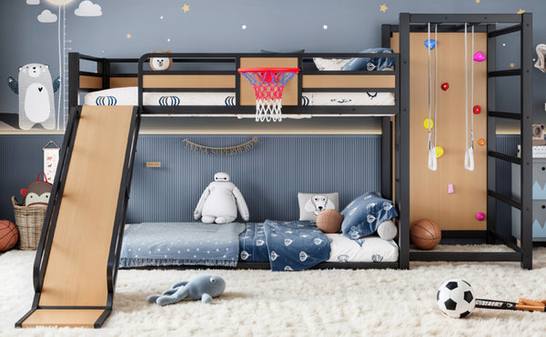 English Elm Twin Xl Metal Loft Bed Kids Activity Center with Slide Climbing Wall Basketball Hoop W1580S00683