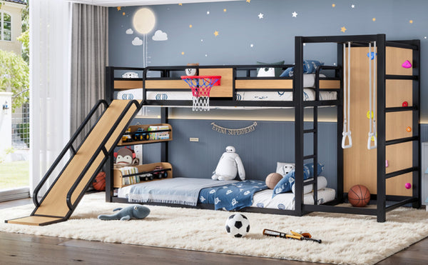 English Elm Twin Xl Metal Loft Bed Kids Activity Center with Slide Climbing Wall Basketball Hoop W1580S00683