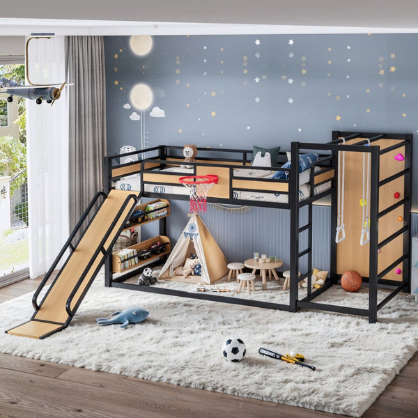 English Elm Twin Xl Metal Loft Bed Kids Activity Center with Slide Climbing Wall Basketball Hoop W1580S00683