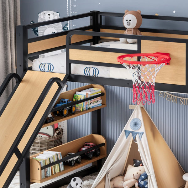 English Elm Twin Xl Metal Loft Bed Kids Activity Center with Slide Climbing Wall Basketball Hoop W1580S00683