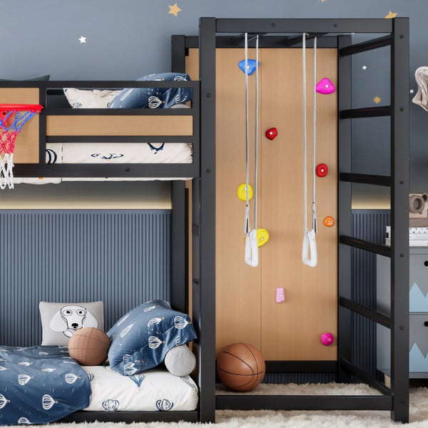 English Elm Twin Xl Metal Loft Bed Kids Activity Center with Slide Climbing Wall Basketball Hoop W1580S00683