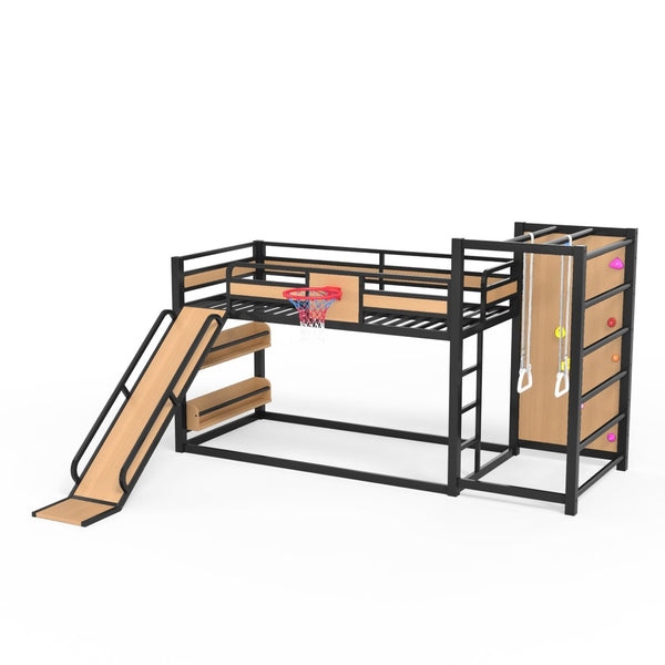 English Elm Twin Xl Metal Loft Bed Kids Activity Center with Slide Climbing Wall Basketball Hoop W1580S00683
