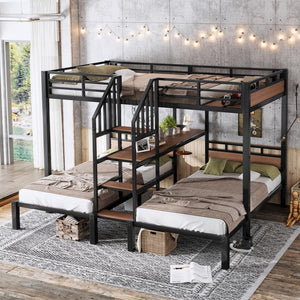 English Elm Full Xl Over Twin Triple Bunk Bed Black Metal Frame with Storage Stairs Shelves W1580S00685
