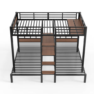 English Elm Full Xl Over Twin Triple Bunk Bed Black Metal Frame with Storage Stairs Shelves W1580S00685