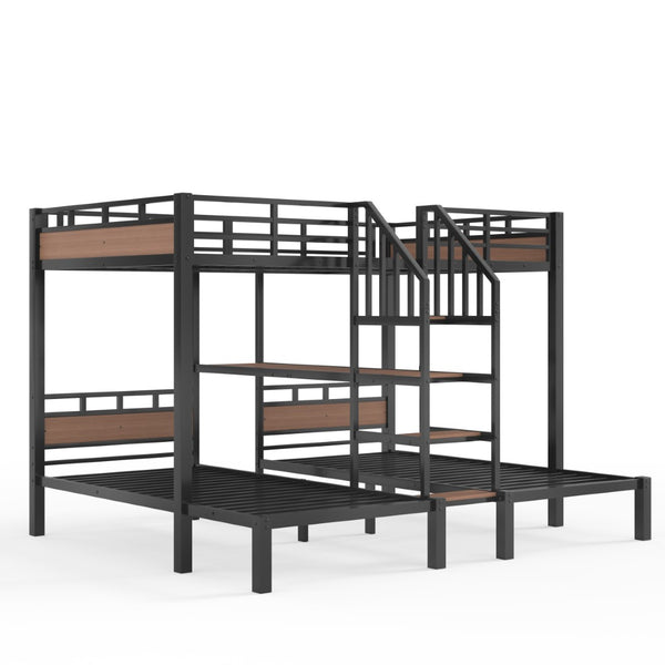 English Elm Full Xl Over Twin Triple Bunk Bed Black Metal Frame with Storage Stairs Shelves W1580S00685