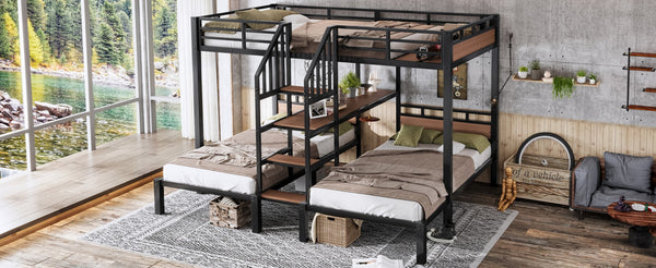 English Elm Full Xl Over Twin Triple Bunk Bed Black Metal Frame with Storage Stairs Shelves W1580S00685