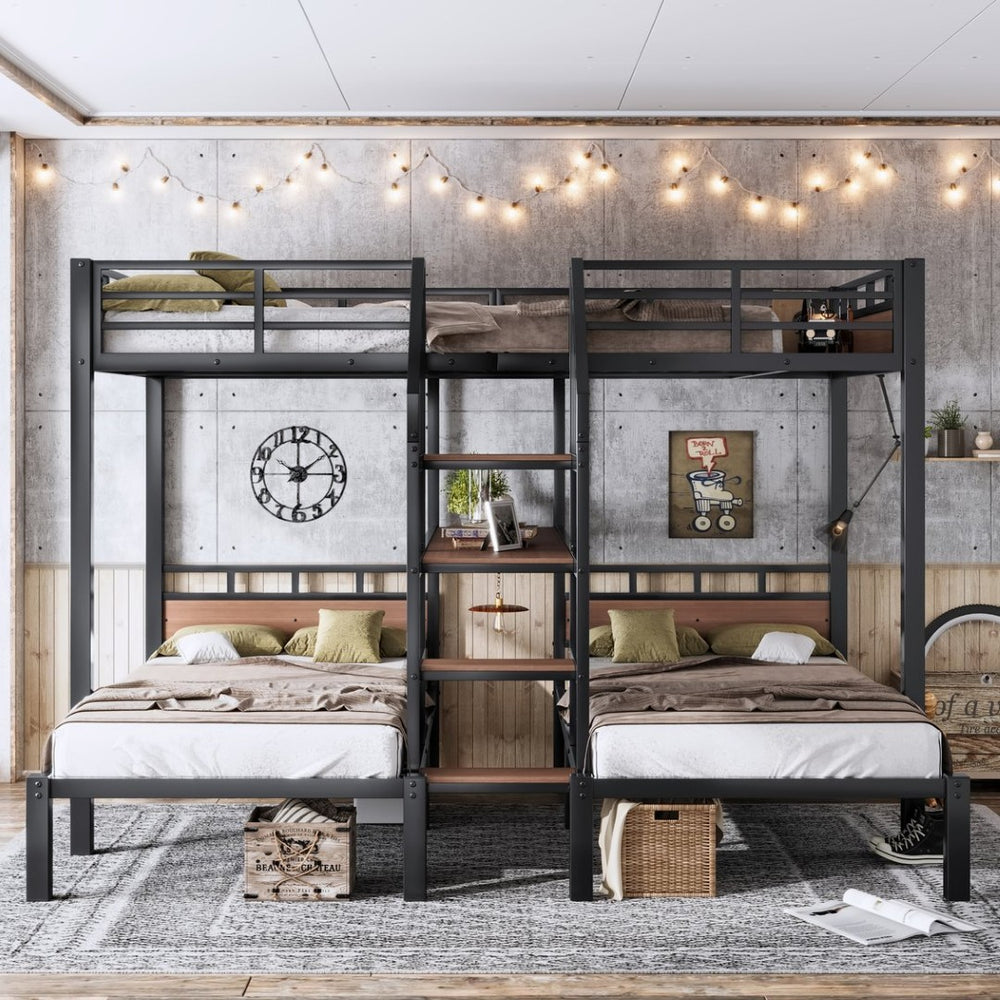 English Elm Full Xl Over Twin Triple Bunk Bed Black Metal Frame with Storage Stairs Shelves W1580S00685