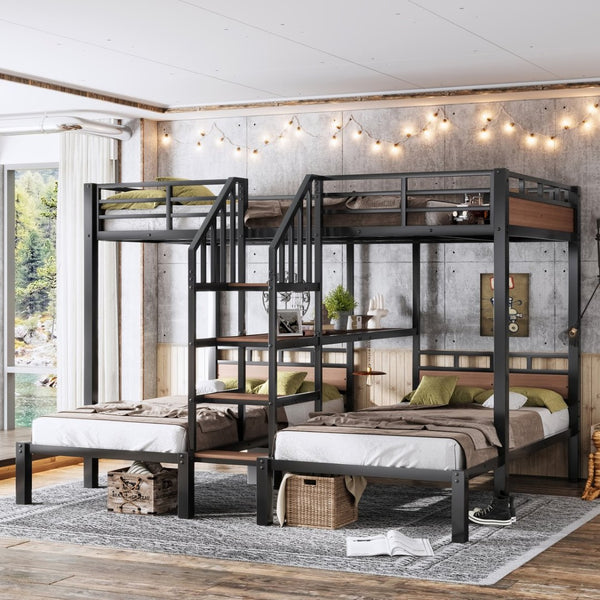 English Elm Full Xl Over Twin Triple Bunk Bed Black Metal Frame with Storage Stairs Shelves W1580S00685