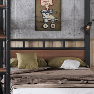 English Elm Full Xl Over Twin Triple Bunk Bed Black Metal Frame with Storage Stairs Shelves W1580S00685