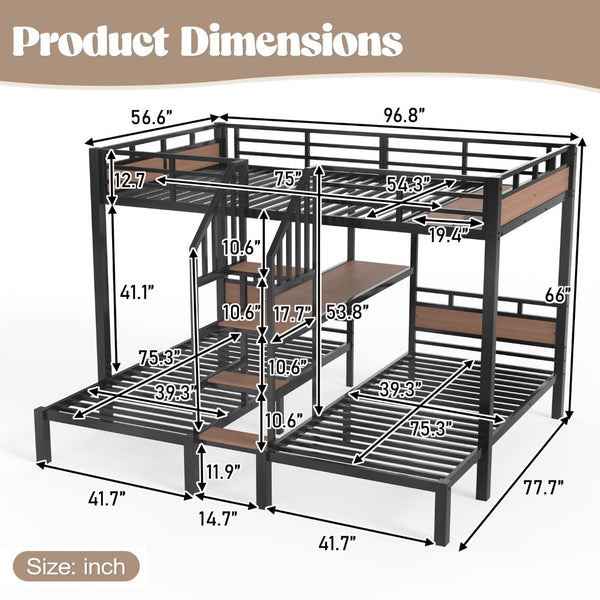 English Elm Full Xl Over Twin Triple Bunk Bed Black Metal Frame with Storage Stairs Shelves W1580S00685