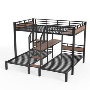 English Elm Full Xl Over Twin Triple Bunk Bed Black Metal Frame with Storage Stairs Shelves W1580S00685