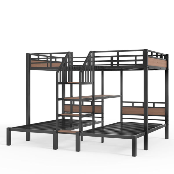English Elm Full Xl Over Twin Triple Bunk Bed Black Metal Frame with Storage Stairs Shelves W1580S00685