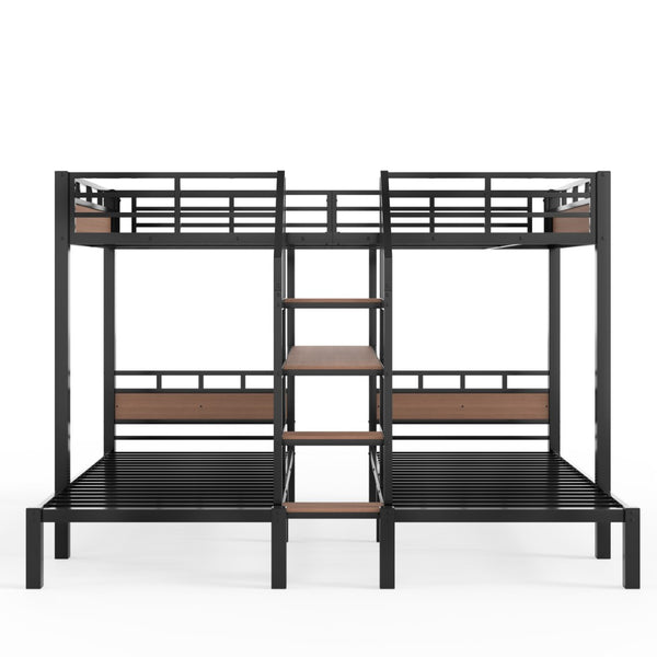 English Elm Full Xl Over Twin Triple Bunk Bed Black Metal Frame with Storage Stairs Shelves W1580S00685