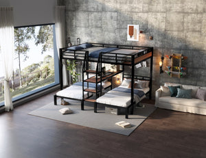 English Elm Queen Over Twin Triple Metal Bunk Bed with Storage Stairs Shelf Space Saving W1580S00686
