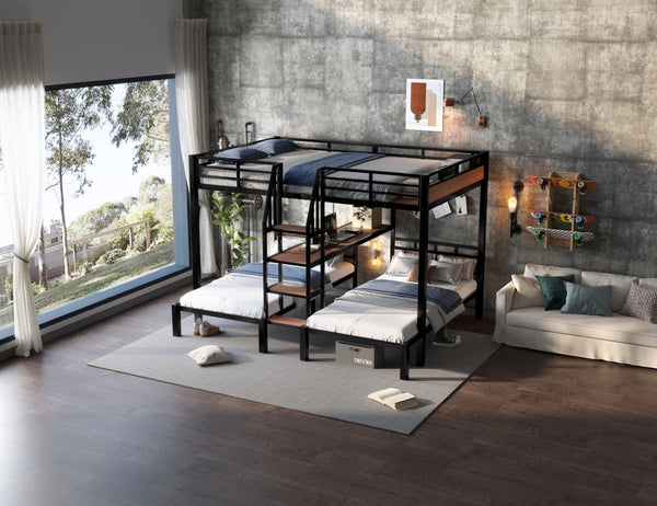 English Elm Queen Over Twin Triple Metal Bunk Bed with Storage Stairs Shelf Space Saving W1580S00686