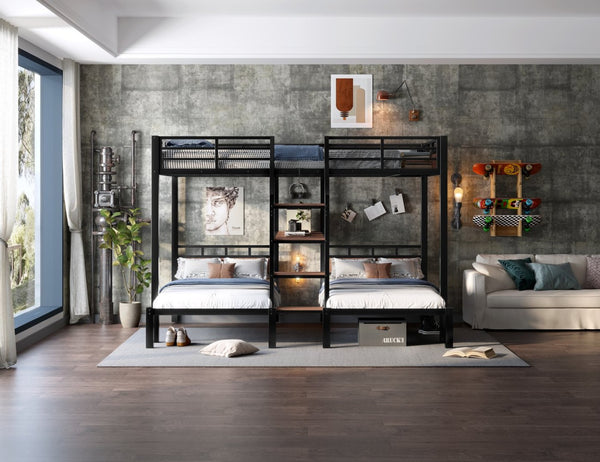 English Elm Queen Over Twin Triple Metal Bunk Bed with Storage Stairs Shelf Space Saving W1580S00686