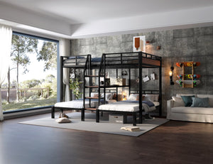English Elm Queen Over Twin Triple Metal Bunk Bed with Storage Stairs Shelf Space Saving W1580S00686
