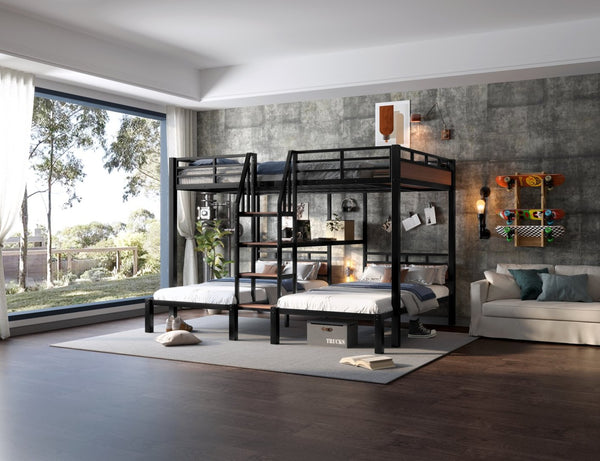 English Elm Queen Over Twin Triple Metal Bunk Bed with Storage Stairs Shelf Space Saving W1580S00686