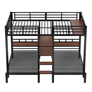 English Elm Queen Over Twin Triple Metal Bunk Bed with Storage Stairs Shelf Space Saving W1580S00686