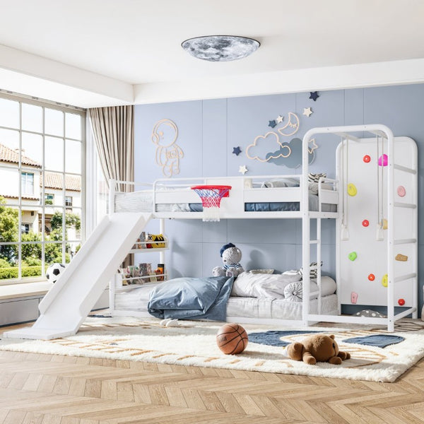 English Elm Twin Metal Loft Bed with Slide Climbing Wall Basketball Hoop and Built-In Shelves Twin Antique White W1580S00697