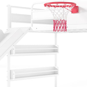 English Elm Twin Metal Loft Bed with Slide Climbing Wall Basketball Hoop and Built-In Shelves Twin Antique White W1580S00697