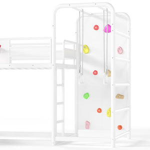 English Elm Twin Metal Loft Bed with Slide Climbing Wall Basketball Hoop and Built-In Shelves Twin Antique White W1580S00697