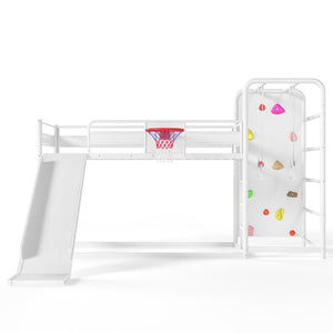 English Elm Twin Metal Loft Bed with Slide Climbing Wall Basketball Hoop and Built-In Shelves Twin Antique White W1580S00697