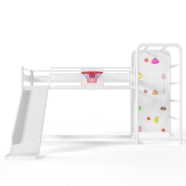 English Elm Twin Metal Loft Bed with Slide Climbing Wall Basketball Hoop and Built-In Shelves Twin Antique White W1580S00697