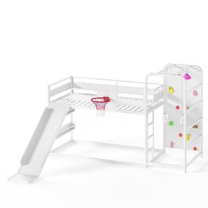 English Elm Twin Metal Loft Bed with Slide Climbing Wall Basketball Hoop and Built-In Shelves Twin Antique White W1580S00697