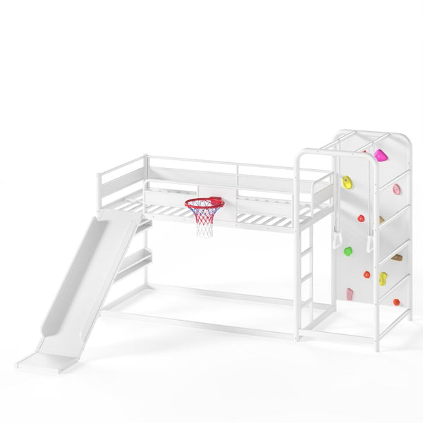 English Elm Twin Metal Loft Bed with Slide Climbing Wall Basketball Hoop and Built-In Shelves Twin Antique White W1580S00697