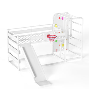 English Elm Twin Metal Loft Bed with Slide Climbing Wall Basketball Hoop and Built-In Shelves Twin Antique White W1580S00697