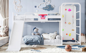 English Elm Twin Metal Loft Bed with Slide Climbing Wall Basketball Hoop and Built-In Shelves Twin Antique White W1580S00697
