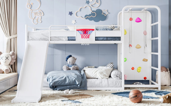 English Elm Twin Metal Loft Bed with Slide Climbing Wall Basketball Hoop and Built-In Shelves Twin Antique White W1580S00697